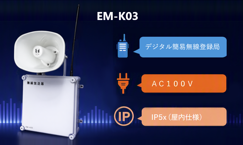 機能説明、事業所内無線放送システム、移動しながら放送可能、EM-K03、無線放送器、無線放送システム 、工場 放送設備、構内放送システム、トランシーバー 放送、BCP対策、情報伝達、デジタル簡易無線 登録局