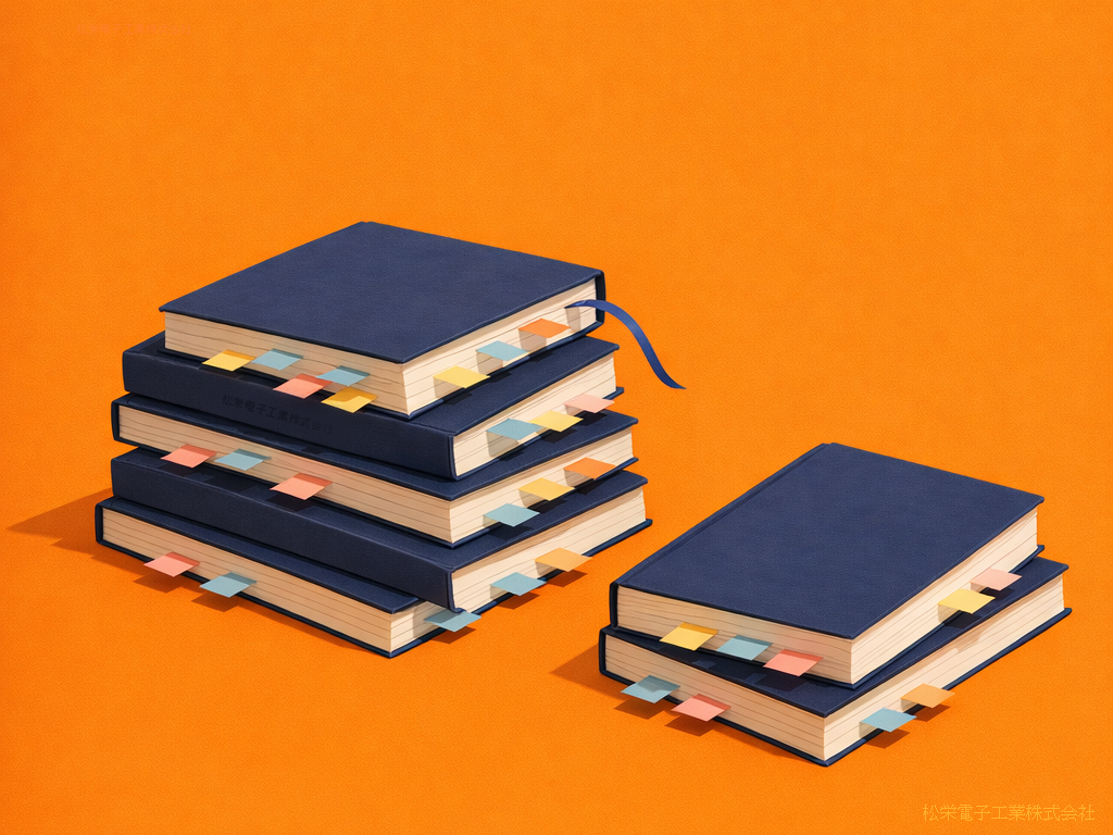 本、まとめ、調べ、付箋付け、松栄電子、松栄電子工業株式会社、松栄電子工業、名古屋 松栄電子工業