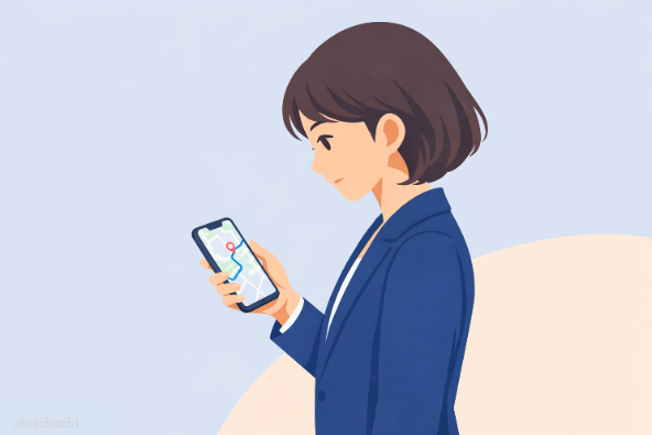 女性、スーツ、スマホ地図、確認、防災、松栄電子工業、松栄電子工業　名古屋