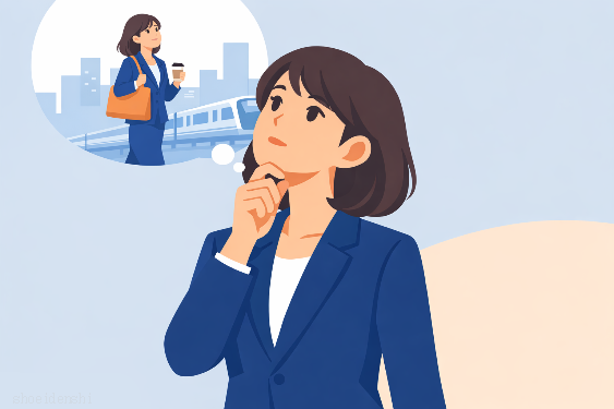 考える、女性、スーツ、通勤、防災、松栄電子工業、松栄電子工業　名古屋