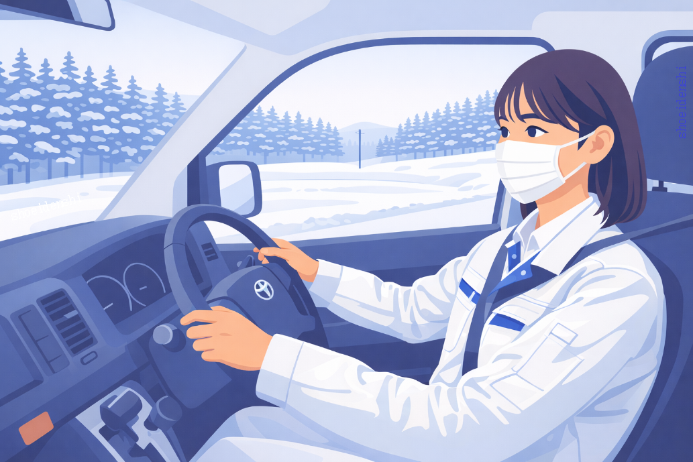 雪道、車、運転、作業員、松栄電子工業