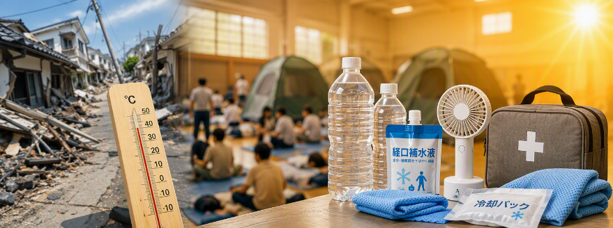 災害時の熱中症対策、避難所、夏、猛暑、エアコンが使えない
