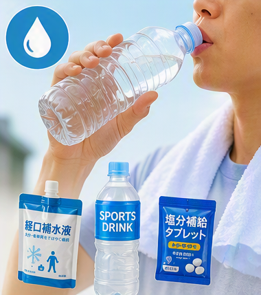 災害時の熱中症対策、喉が渇く前、水分補給、塩分補給