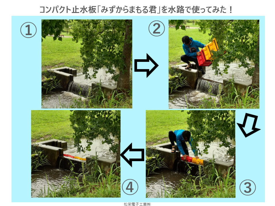 製品レビュー、検証、止水板みずからまもる君を使ってみた、独自で検証、コンパクト止水板、設置前後、水路で使っている鍬は光る