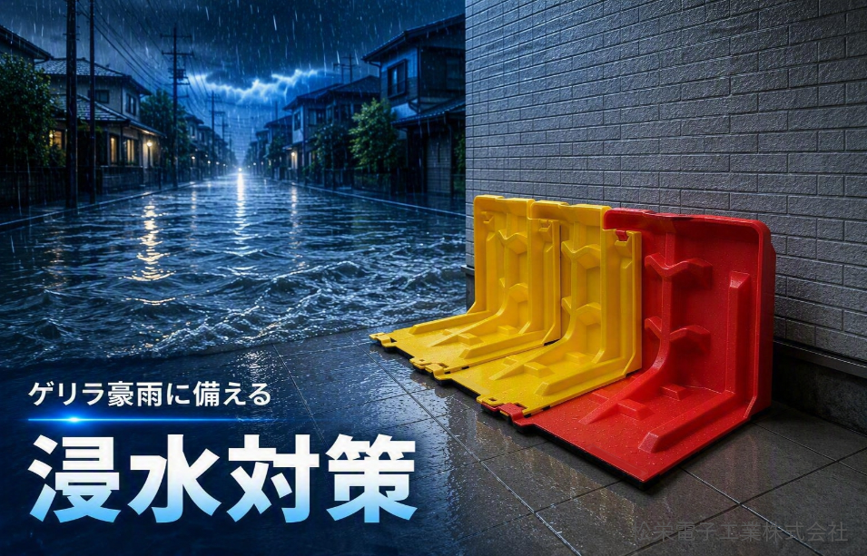 豪雨で冠水した住宅街、都市部の浸水被害、玄関への浸水対策、ゲリラ豪雨、線状降水帯、浸水対策、豪雨対策、止水板、コンパクト止水板、土のう代替、みずからまもる君