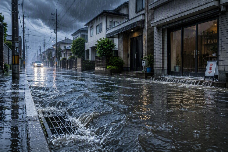 防災減災、豪雨で冠水した住宅街、都市部の浸水被害、玄関への浸水対、水害対策、店舗入口の浸水防止